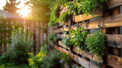Rustic Vertical Garden Wall with Vibrant Herbs