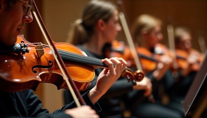 Musicians play violins on stage in warm dimly lit concert hall. Orchestra performs classical music. Pro musicians play instruments. Classical music concert. Warm lighting on stage creates harmonious