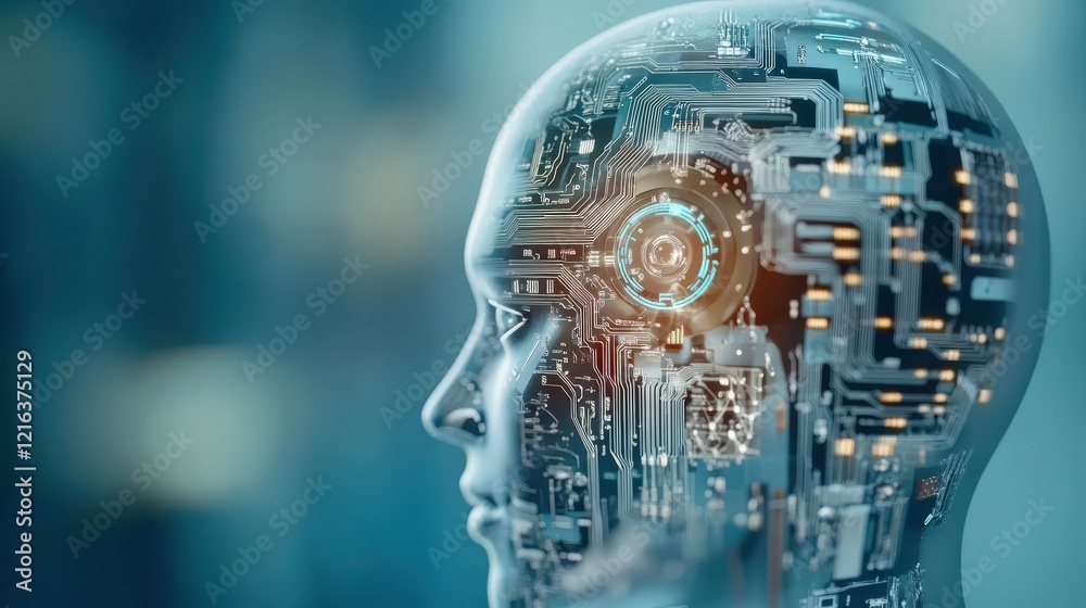 Poster futuristic cybernetic human head with intricate circuitry and advanced technology depictions, repres
