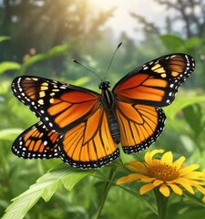 Fototapeta premium a monarch butterfly perched on a leaf in a vibrant meadow, outdoor, monarch butterfly