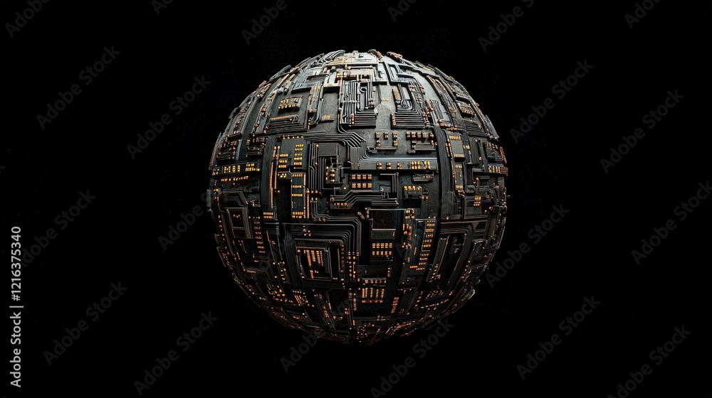 Aufkleber Abstract spherical representation of a futuristic network structure with intricate circuits and glowing components on a dark background, symbolizing technology and innovation