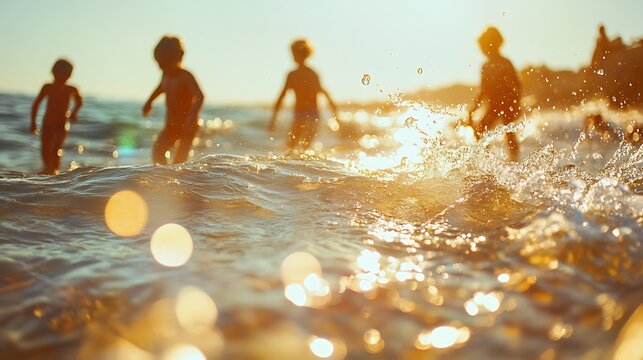 Childern are jumping in water on the beach
