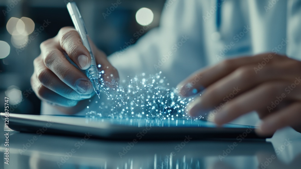 Poster Creative Artist Using Digital Tablet to Create Stunning Graphics with Glowing Particles Effect, Blurred Background and Modern Workspace Atmosphere