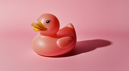Cheerful rubber duck with bright colors set against a soft pink background ideal for playful decor or bath time fun