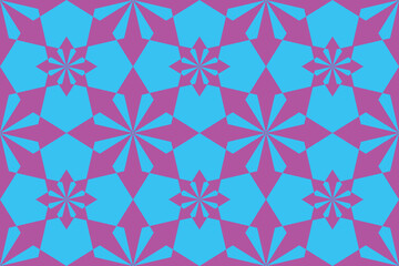 Seamless geometric pattern with a vibrant combination of blue and purple. The design features intricate, symmetrical star-like and angular shapes, creating a visually striking and dynamic texture. 