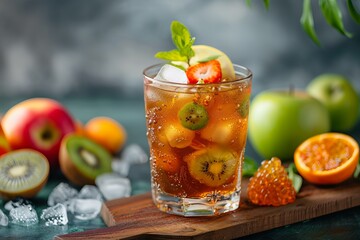Chilled beverage with kiwi, strawberry, and citrus on a wooden board