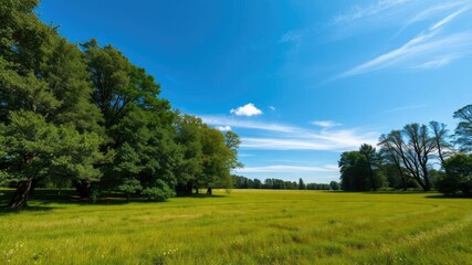 Obraz premium A picturesque meadow surrounded by mature trees, with a few wispy clouds floating across the blue sky, picturesque meadow, mature trees