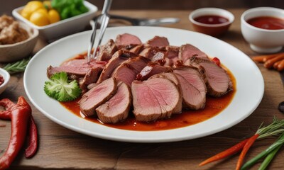 A plate of perfectly cooked meat with a ladle of sauce and garnishes , delicious, perfect, comforting