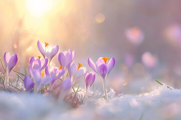 Purple crocus spring flowers blooming between snow during late winter or early spring with sun in...