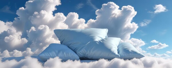 A plush pillow in a calming shade of light blue resting against a backdrop of a serene blue sky with wispy white clouds, soothing sky, serenity
