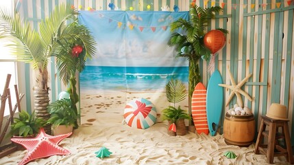 A themed photo booth with a beach backdrop and summer props.