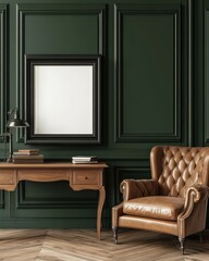 Elegant Home Office Interior Design with Dark Green Walls and Brown Leather Armchair
