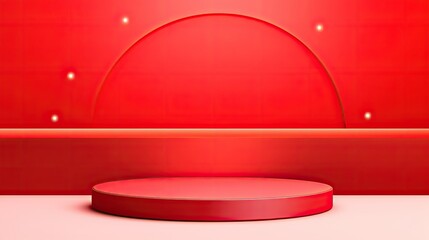 A minimalist red stage setup with a circular platform and a softly curved backdrop.