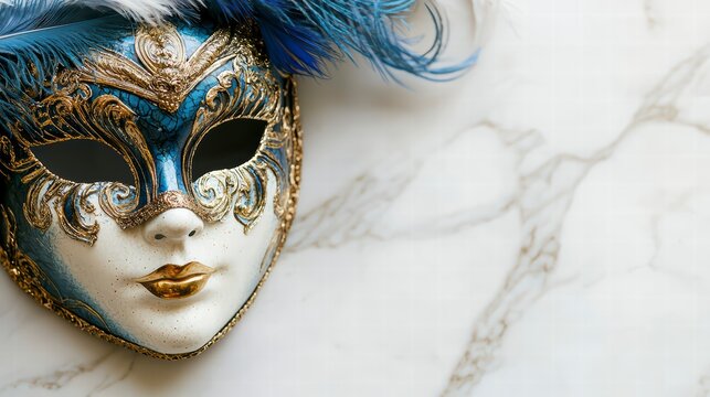 Masquerade Mystery: An ornate, blue and gold Venetian mask with delicate feathered embellishments, invites a sense of mystery and intrigue on a marble backdrop, adding a touch of elegance and whimsy.