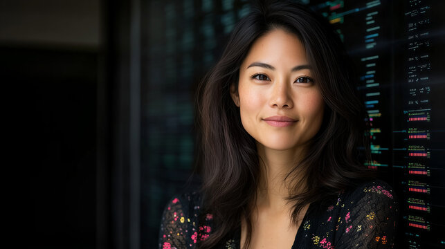 Asian woman leader in server room with confident smile stands near data screen, displaying her strength and expertise