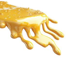Golden drizzle of caramel flowing in an artistic isolated on transparent background