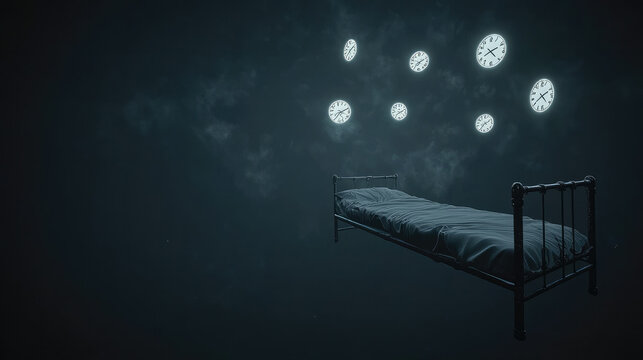 A floating bed in a dark void surrounded by glowing clocks, symbolizing the anxiety of sleep disorders.