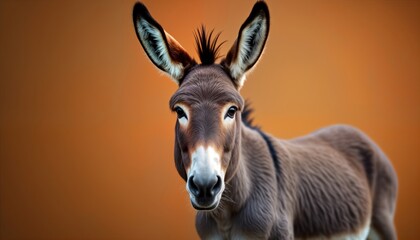 Gentle donkey stares directly at camera. Animal features long floppy ears against warm brown background. Calm, friendly expression. Photo shows animal. Photo suitable for farm animal themes. Ideal