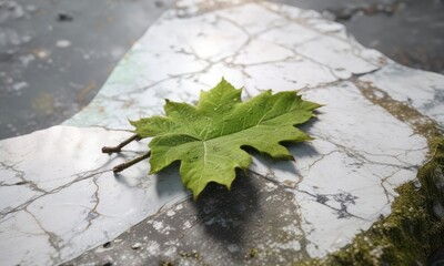 A solitary green leaf rests on a weathered white marble surface with moss and lichen, green, organic