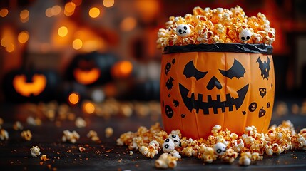 Halloween themed popcorn with spooky decorations like bats, eyes, and bones spilling from a pumpkin bag on an orange background with a playful, mischievous vibe