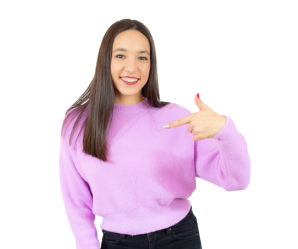 Young woman over isolated transparent background pointing finger to the side. PNG transparent. - Powered by Adobe