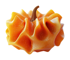 Orange organic form resembling a pumpkin with unique textures and undulating surfaces vividly captured in vibrant detail isolated on transparent background
