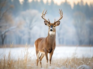 Winter's crisp field, a solitary buck stands stark.