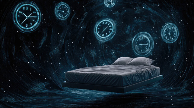 A floating bed in a dark void surrounded by glowing clocks, symbolizing the anxiety of sleep disorders.
