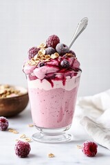 A delicious frozen yogurt dessert adorned with raspberries and granola, served in a fancy glass cup.