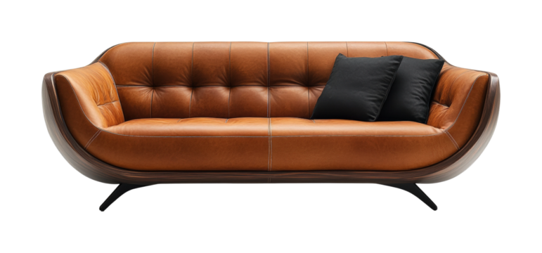 Elegant brown leather sofa adds warmth and modern flair to a contemporary living room design isolated on transparent background