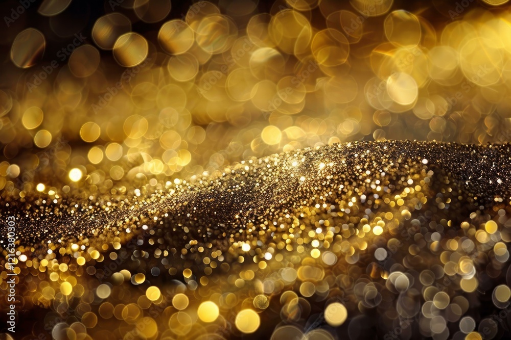 Poster golden glitter forms a wavy pattern, creating a luxurious and festive background with a beautiful bo