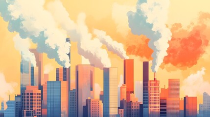 Fototapeta premium Smoky silhouettes of a city skyline against a vibrant sunset backdrop