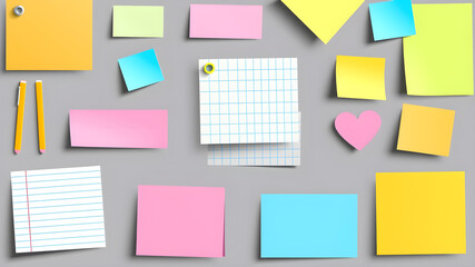 Colored stickers attached tape, red pushpin and metal paper clip. Collection of different color sheets of note papers with curled corner, ready for your message. Generative AI