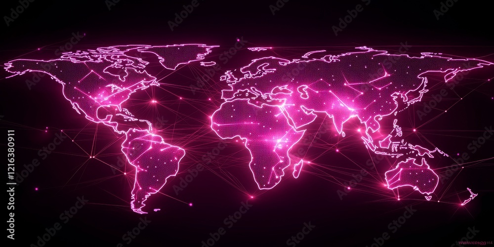 Poster global network connection, pink illuminated world map.