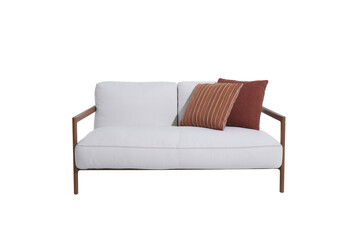 A sofa with pillows in a minimalist design with wooden legs + clipping path. The sofa is isolated on a White background.