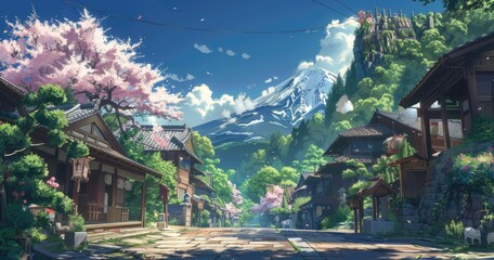 Obraz premium A serene village scene with cherry blossoms and a mountain backdrop.