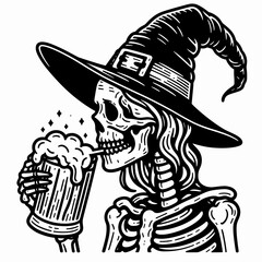 A skeleton in a witch's hat drinks beer, combining spooky and festive elements in a playful design.