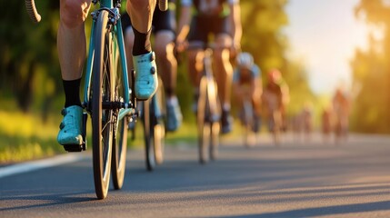 Naklejka premium Cyclists race at sunset, road competition, summer