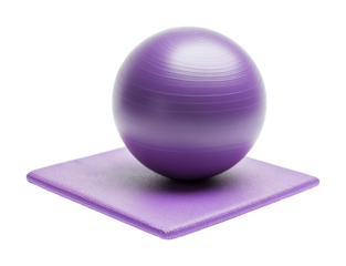 Fitness enthusiasts utilize a vibrant purple stability ball on a textured mat during a workout session in a modern gym setting isolated on transparent background