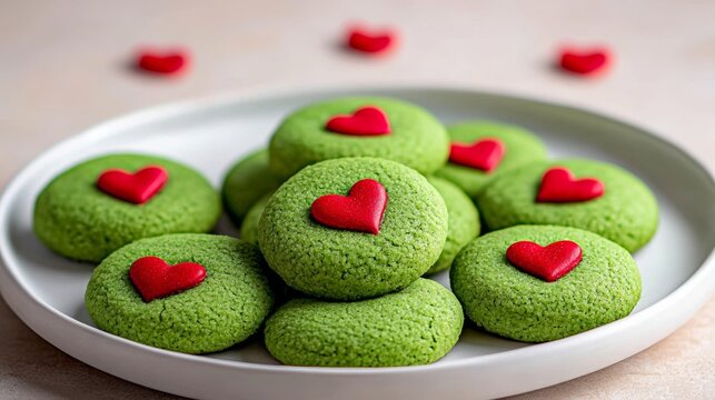 Plate of green cookies with red hearts on top. The cookies are arranged in a stack and are surrounded by a white plate
