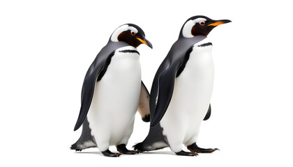 Obraz premium Two penguins isolated on white ice in a cold, snowy environment