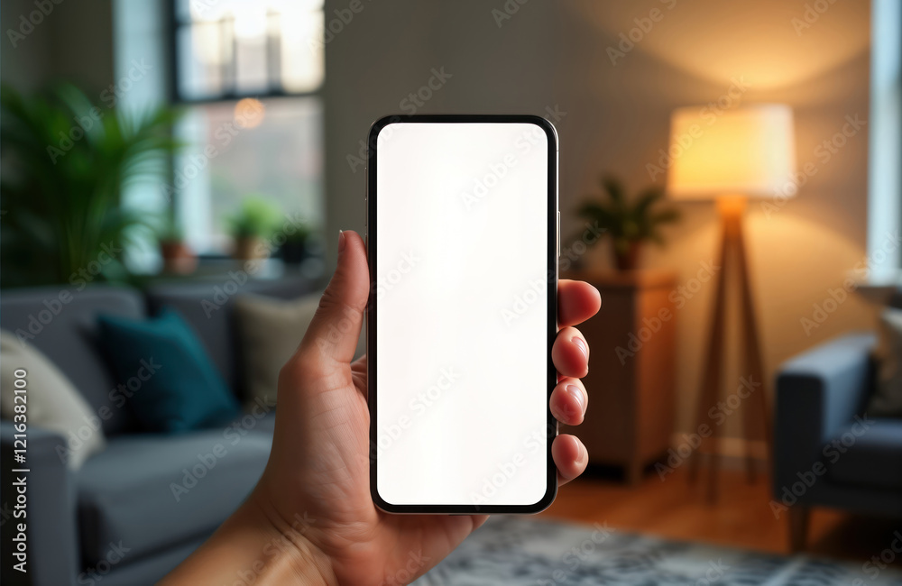 Aufkleber Hand holds smartphone with empty screen. Modern tech device in interior. Home automation app for smart tech. Person using smart tech at home. Wireless connection of devices. Living room with blurred