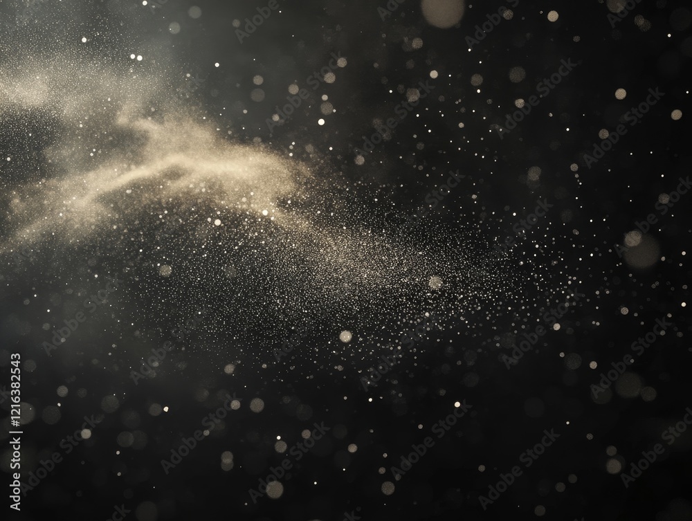 Poster abstract gold dust particles floating on dark background.