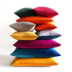 Colorful velvet cushions stacked, white background, home decor