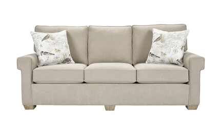 A sofa with pillows in a minimalist design with wooden legs + clipping path. The sofa is isolated on a White background.