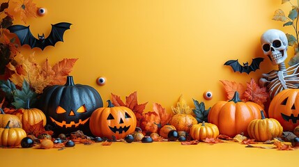 Halloween-themed background featuring pumpkins, bats, fake eyeballs, and a skeleton on a vibrant yellow background, perfect for festive and spooky designs