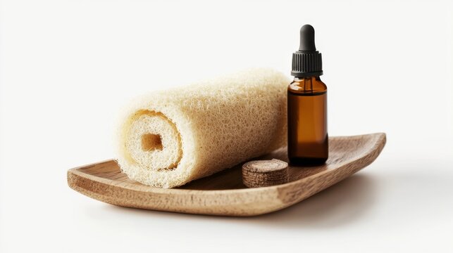 Relaxing spa essentials arranged on a wooden tray. A soft towel and a bottle of essential oil promote wellness. Perfect for self-care and relaxation. Generative AI