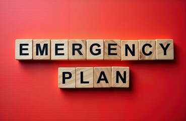 Obraz premium Wooden blocks spell out words EMERGENCY PLAN on red background. Image represents concept of emergency preparedness. Conceptual photo for business industry use. May symbolize crisis management,