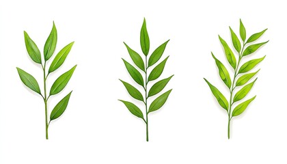 Naklejka premium Three varieties of green leaves arranged artistically on a white background, perfect for nature-themed designs