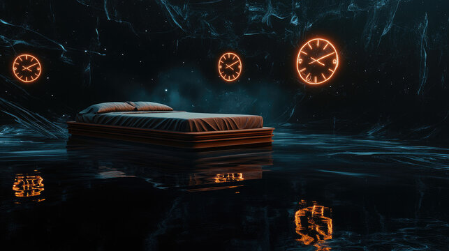 A floating bed in a dark void surrounded by glowing clocks, symbolizing the anxiety of sleep disorders.